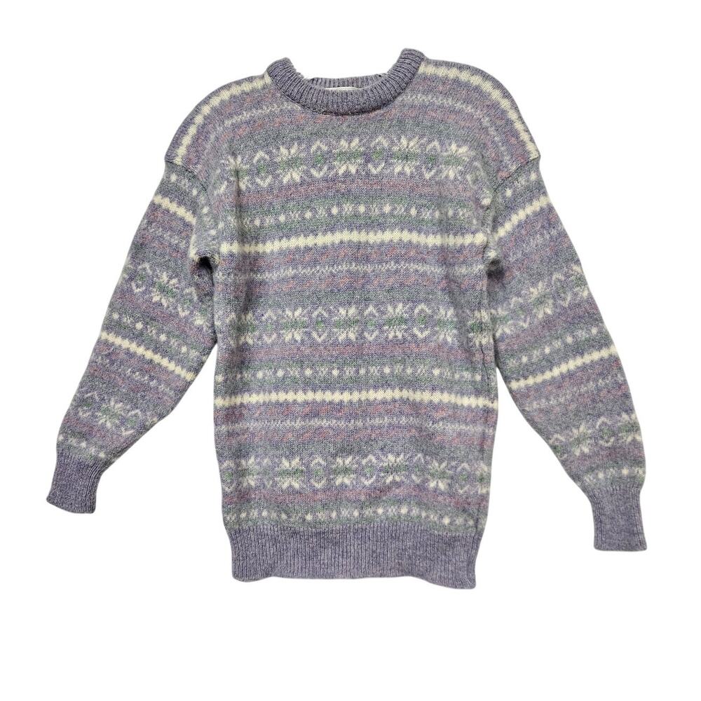 Compliments Vintage 100% Shetland Pure New Wool Purple Pastel Fair Isle Crewneck